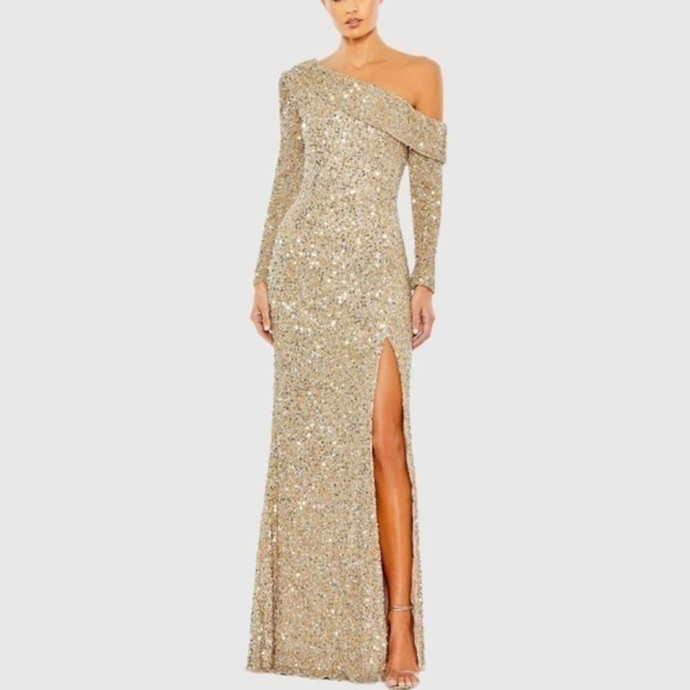Mac Duggal Gold Sequin One-Shoulder Dress